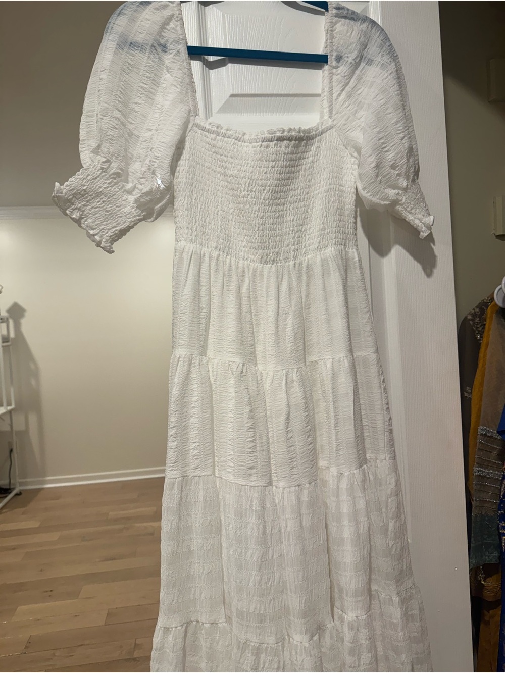 White Puff-Sleeve Tiered Maxi Dress
